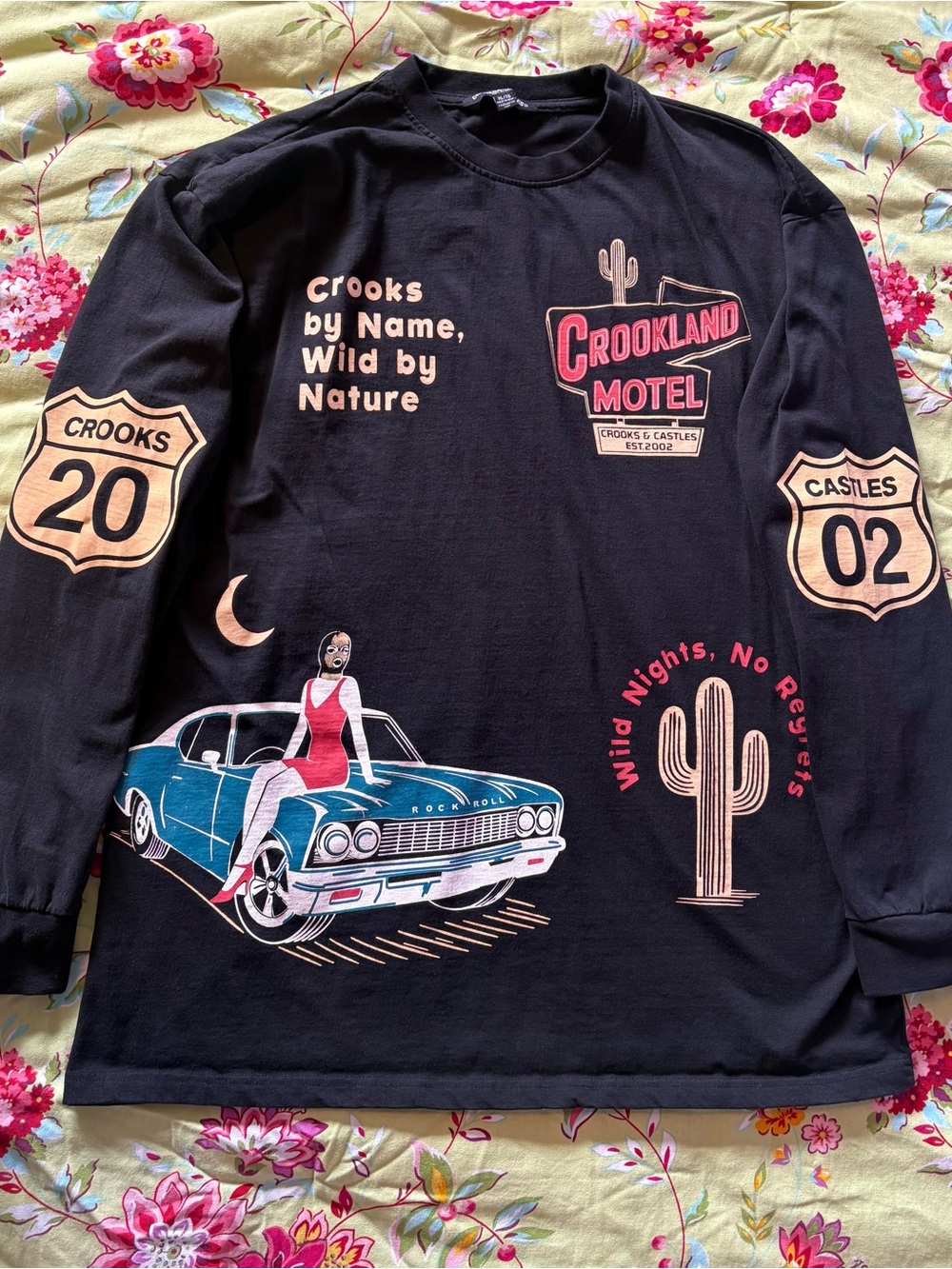 Crooks & Castles Crookland Motel black long sleeve tee shirt XL 29x23 LncNwot